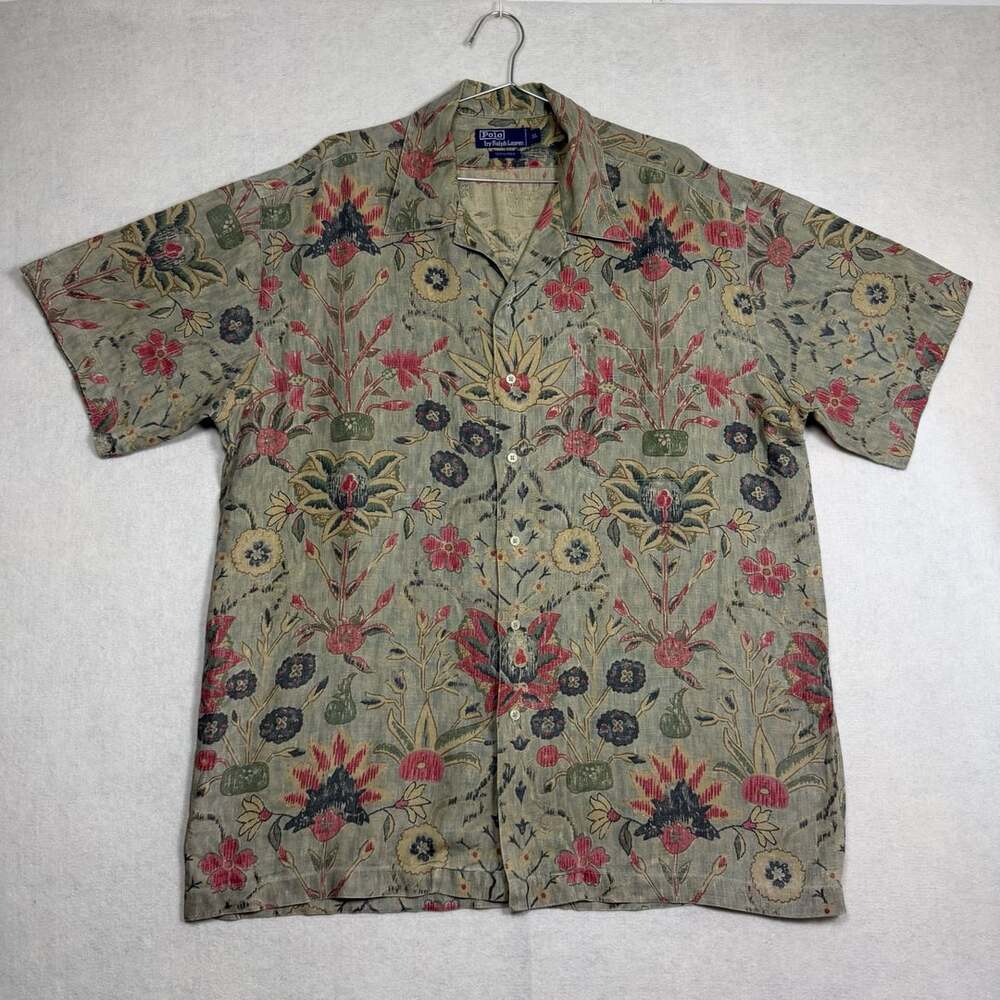 Vintage Polo by Ralph Lauren Shirt Mens XL 100% Linen Floral Camp Loop Collar
